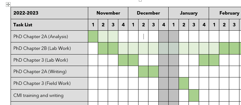 gantt style colour table with high priority in dark green, low in light green and holidays in grey